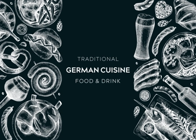 German food background on chalkboard. Oktoberfest menu design. Vector meat dishes sketches. German cuisine banner in vintage style. Traditional Food festival illustration. Beer hand drawing